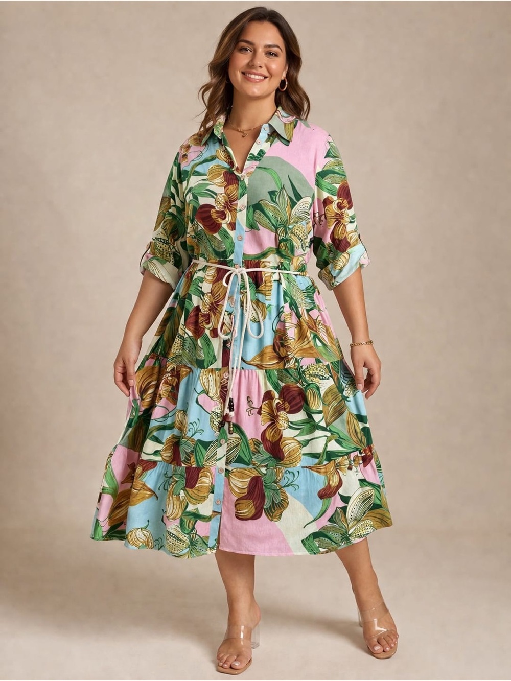 Mlle Gabrielle Floral Panel Shirt Midi Dress in Pink, Blue & Green